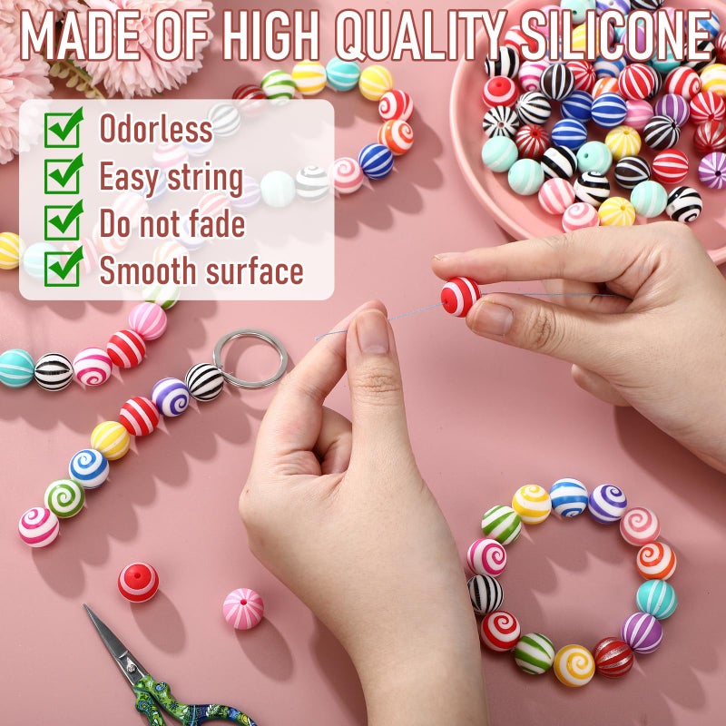 Ferreve 120 Pcs 15mm Silicone Beads Bulk Silicone Beads Print Rubber DIY Bracelet Making Kit for Keychain Making Pens Necklace Jewelry (Striped) - Image 5
