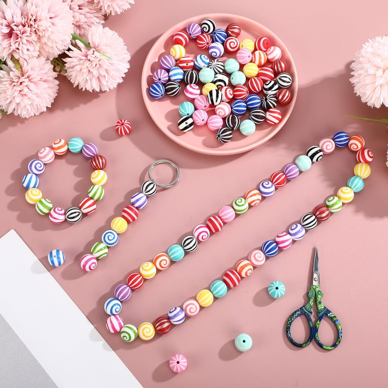 Ferreve 120 Pcs 15mm Silicone Beads Bulk Silicone Beads Print Rubber DIY Bracelet Making Kit for Keychain Making Pens Necklace Jewelry (Striped) - Image 4