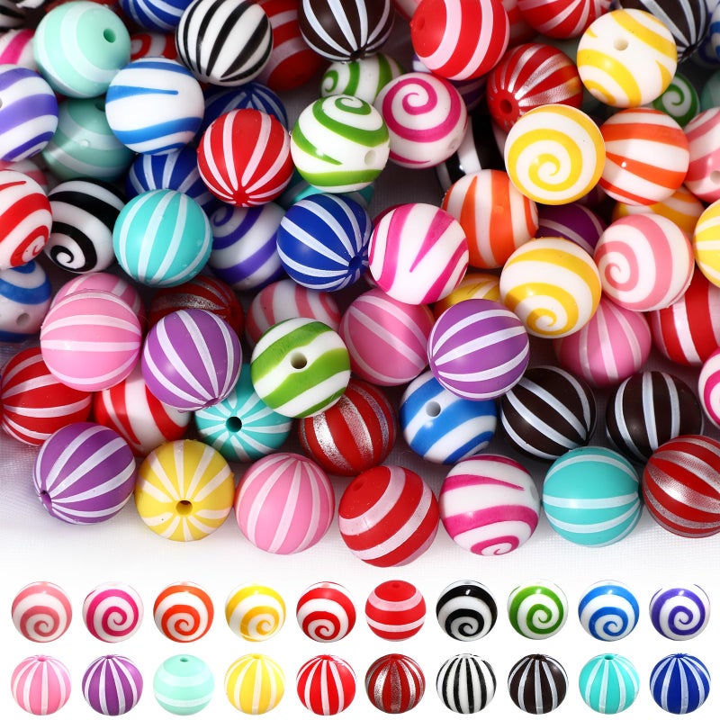 Ferreve 120 Pcs 15mm Silicone Beads Bulk Silicone Beads Print Rubber DIY Bracelet Making Kit for Keychain Making Pens Necklace Jewelry (Striped) - Image 1