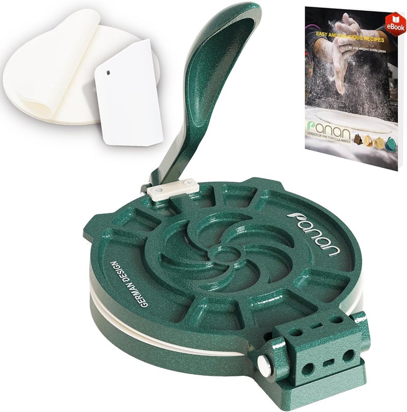 panan Tortilla Press with Adjustable Thickness Control 8 inch Mexican Tortillera Presser Made with Precision from Special Alu Alloy - Metal Pataconera with 50 Parchment Paper, Dough Cutter and Recipes eBook - Image 1