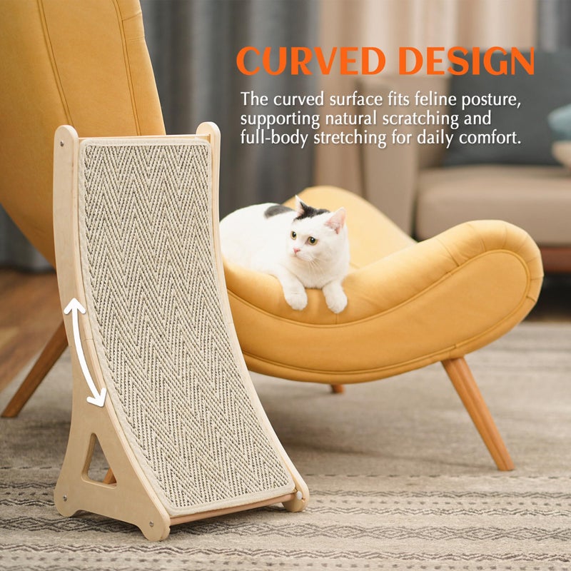 PETKARAY Curved Cat Scratcher, Sisal Kitty Scratching Ramp, L Shape Scratch Pad for Indoor Cats, 25.6" Furniture Protector with Mouse Toy, Chevron Style - Image 4