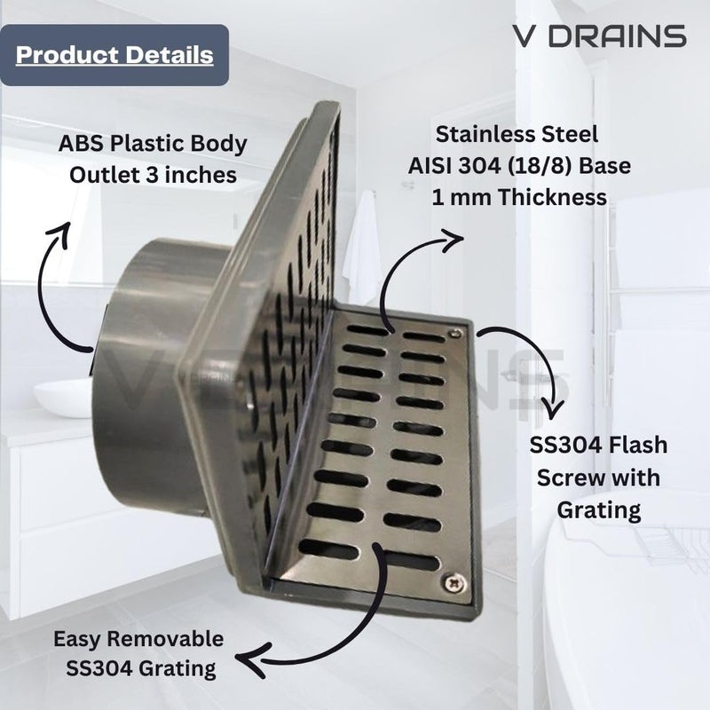 V Drains 75 Mm (3 In) Roof /Balcony/Terrace/Bathroom Side Wall Corner Parapet Scupper L Shape Drain In Abs+Stainless Steel 304 Grating (125MmX120Mm) With Horizontal / Vertical Outlet-5 InX4.7 In - Image 5