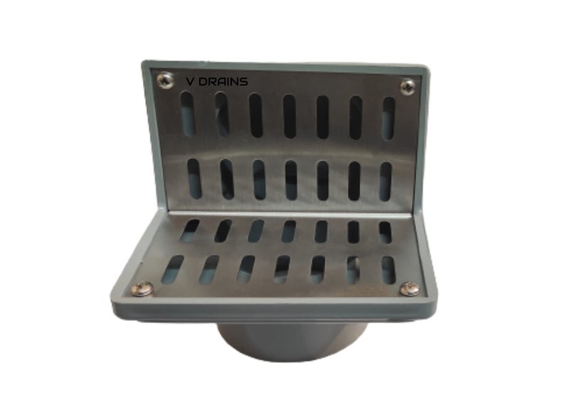 V Drains 75 Mm (3 In) Roof /Balcony/Terrace/Bathroom Side Wall Corner Parapet Scupper L Shape Drain In Abs+Stainless Steel 304 Grating (125MmX120Mm) With Horizontal / Vertical Outlet-5 InX4.7 In - Image 1