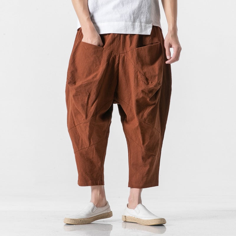 Generic 2022 Mens Loose Cotton and Linen Bloomers Chinese Style Plus Size Casual Breeches Linen Nine-point Pants Mens Pants Coffee