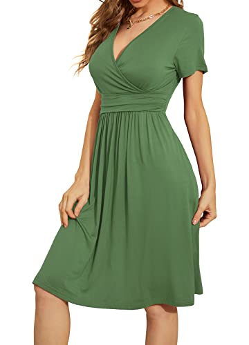WEACZZY Women's Summer Casual Dresses Short Sleeve Wrap V-Neck Party Dress with Pockets,Army Green,M - Image 2