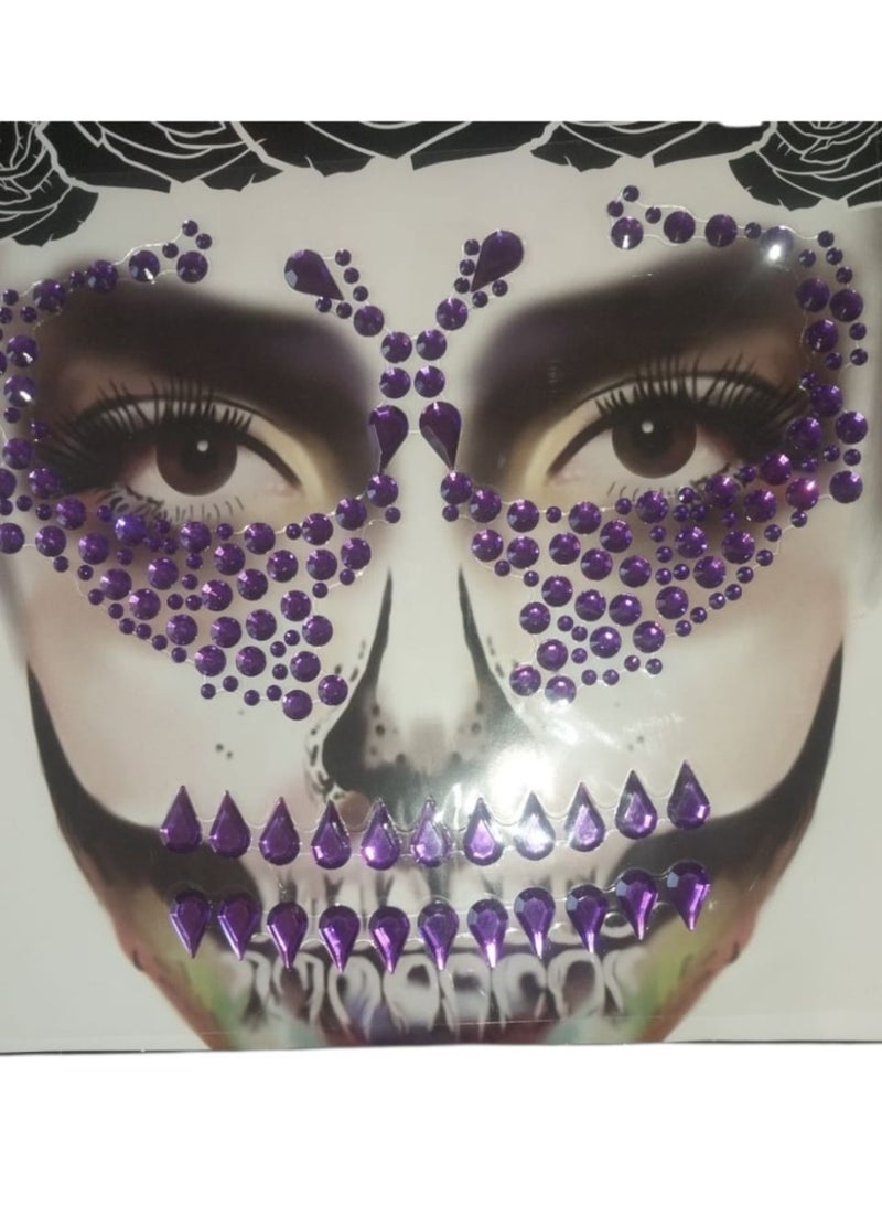 Rhinestone Sugar Skull Makeup Design – Glitter Face Tattoo for Halloween, Day of the Dead & Festivals | Sparkling Crystal Gems Skull Look for Women Who Love Glam & Gothic Beauty - Image 1