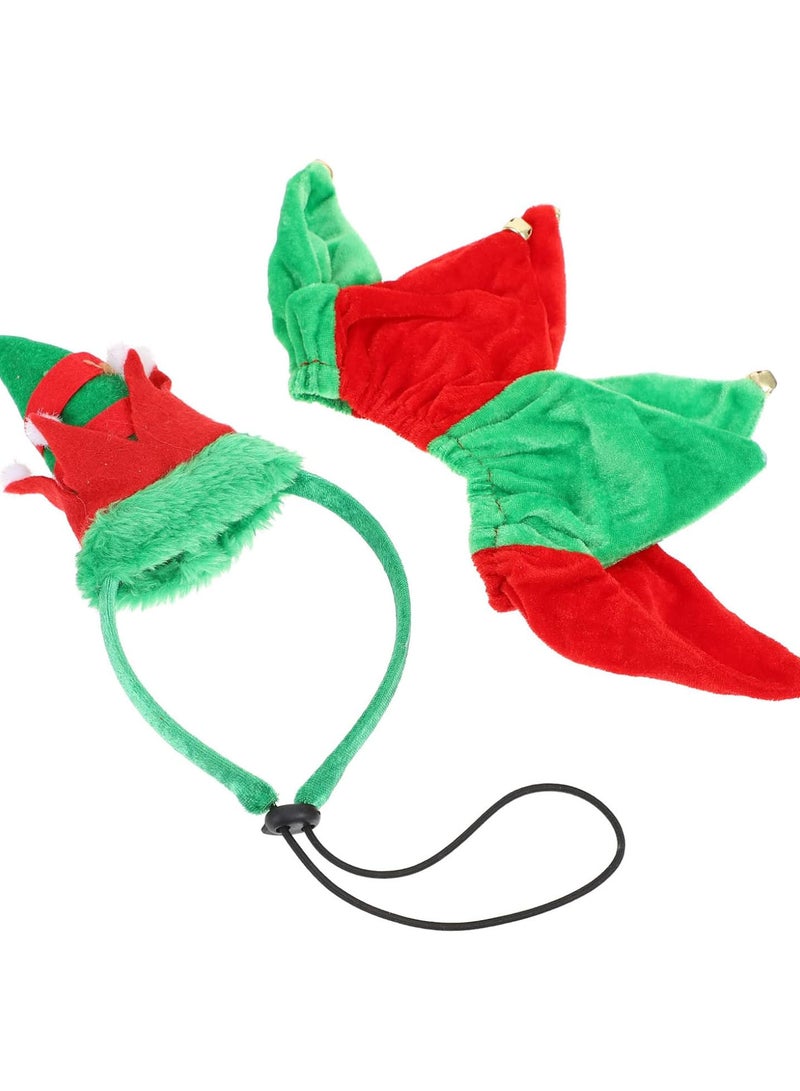 GGOOT Dog Cat Christmas Elf Costume: Elf Hat Hedaband Collar Set Cat Xmas Headband Neckerchief Scarfs Bandana Christmas Cat Costumes Set for Puppy Cat Dog Party Outfit - Image 1