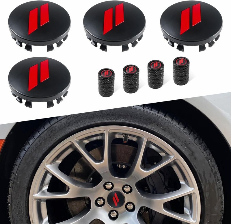 REMOCH منتجات ، عدد 4 قطع، قطر 63 مم = 2.5 بوصة: أغطية لمركز عجلات Dodge Charger، Challenger، Durango، Journey، Avenger، Hornet، Dart، R/T، SRT؛ أغطية لمقابس صمامات الإطارات والعجلات، بلون أحمر وغير قابلة للتلاشي. - Image 1