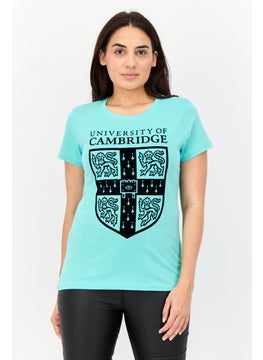 Women Round Neck Brand Logo Short Sleeve T-Shirt, Aqua Green
