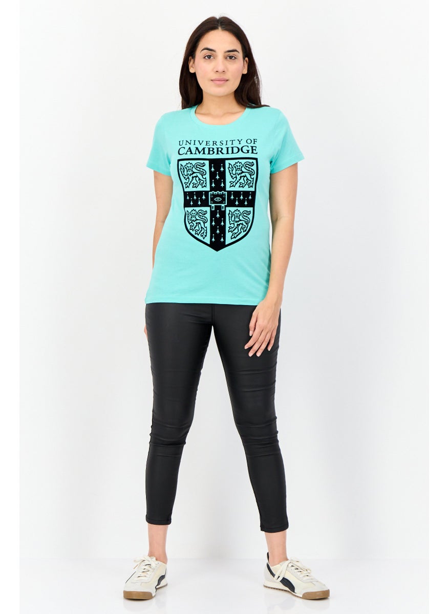 University Of Cambridge - Women Round Neck Brand Logo Short Sleeve T-Shirt, Aqua Green - Image 1