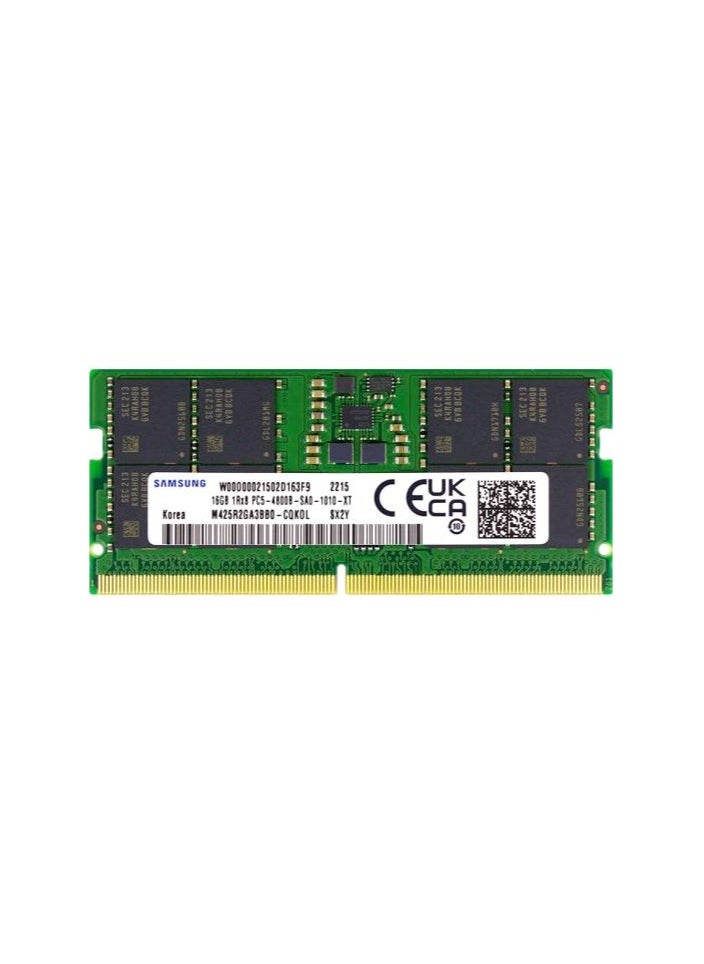 ماركة غير محددة - وحدة ذاكرة الكمبيوتر المحمول Samsung 16 جيجابايت (1 × 16 جيجابايت) DDR5-4800 SODIMM PC5-38400S، سرعة الساعة 4800 ميجاهرتز، 1R × 8، SO-DIMM NON-ECC، جهد الذاكرة 1.1، 262 دبوس | M425R2GA3BB0-CQK - Image 1