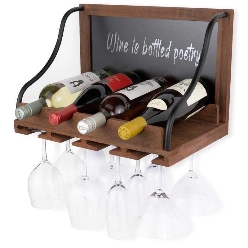 brightmaison brightmaison BGT Colmar Wall Wine Rack Wine Glass Holder  Bottle Rack with Chalk Board Sign 4 Bottles Wine Storage Rustic Wall Dcor Wood Walnut 
