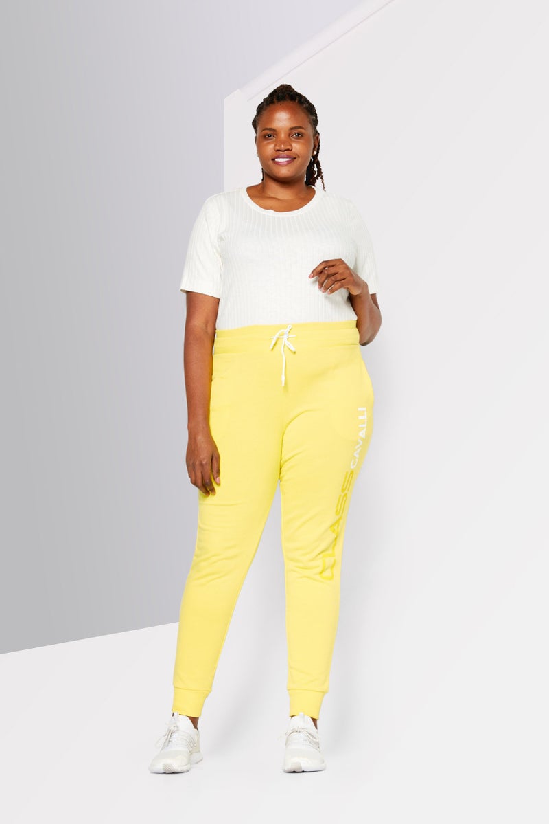 Cavalli Class Women Sportswear Fit Brand Logo Pull On Sweatpants, Yellow - Image 2