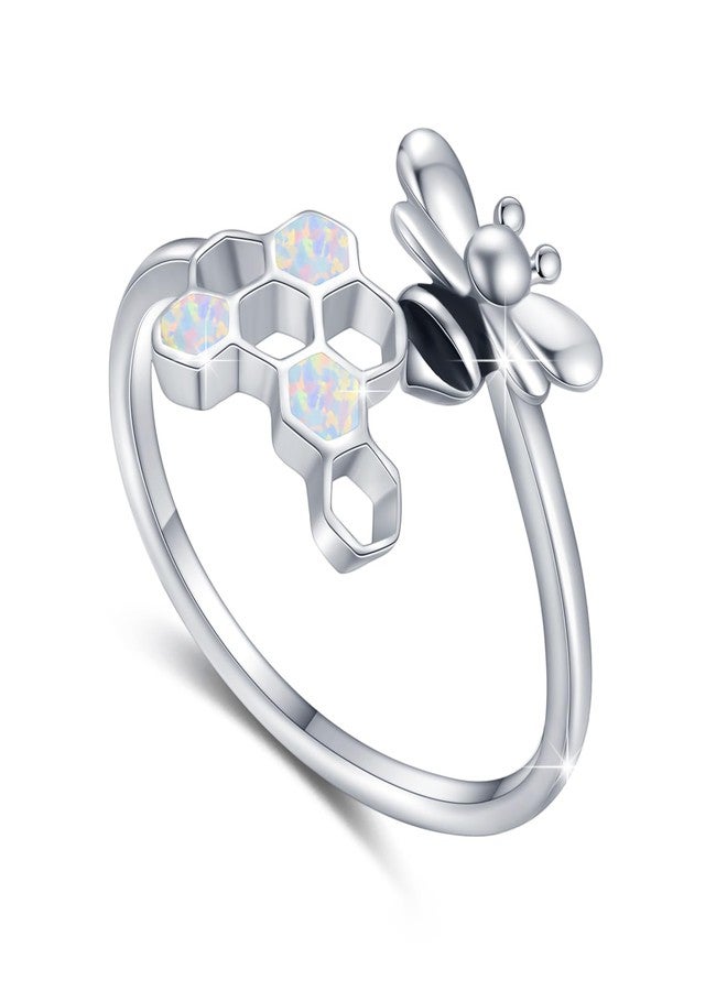 CUOKA MIRACLE Bee Ring for Women 925 Sterling Silver Honeycomb Open Ring Adjustable Opal Bee Jewelry Gift for Mom and Wife - Image 1