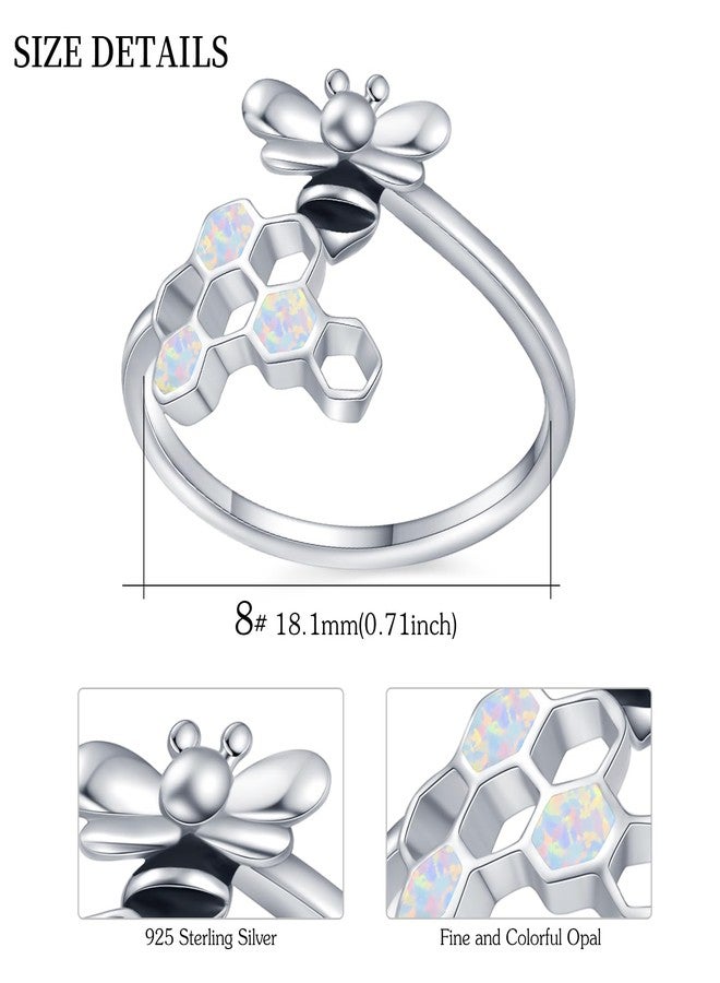 CUOKA MIRACLE Bee Ring for Women 925 Sterling Silver Honeycomb Open Ring Adjustable Opal Bee Jewelry Gift for Mom and Wife - Image 5