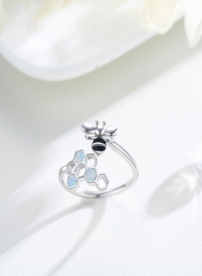 CUOKA MIRACLE Bee Ring for Women 925 Sterling Silver Honeycomb Open Ring Adjustable Opal Bee Jewelry Gift for Mom and Wife - Image 2