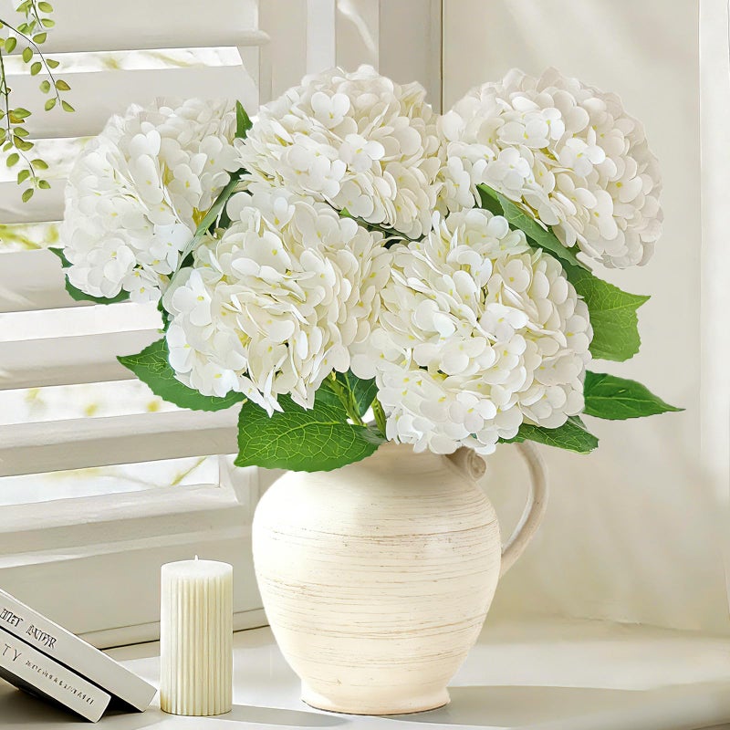 Cherica Real Touch White Hydrangea Artificial Flowers with Stems, Fake Silk Flowers for Outdoors, 3 Pcs Artificial Flowers for Home Decor Wedding Bouquets Centerpieces Vase - Image 1