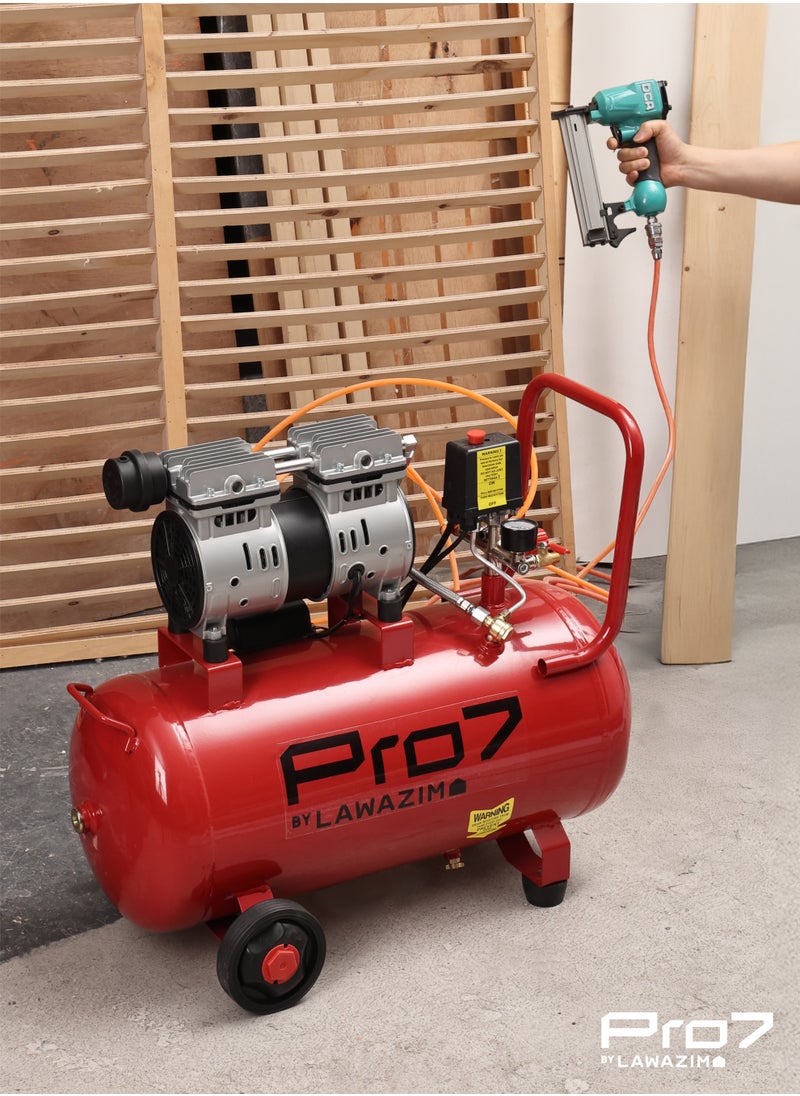 Pro7 Air Compressor with Silencer -25L- Industrial Electric Reciprocating Piston Compressed Air System Tank with High Air Flow and Low noise - Workshops Automotive Inflation Garage and DIY Projects
