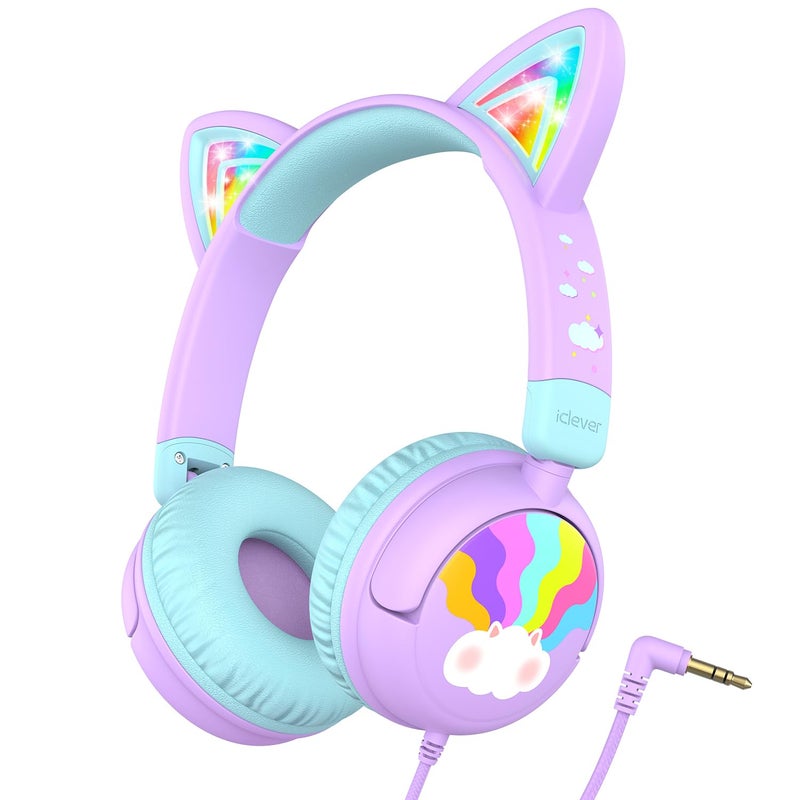 iClever Kids Headphones Cat Ear LED Light Up 85dBA Safe Volume Stereo Sound Toddler Headphones for Travel School Foldable 35mm Wired Kids Headphone for iPad Tablets Meow LollipopPurple - Image 2