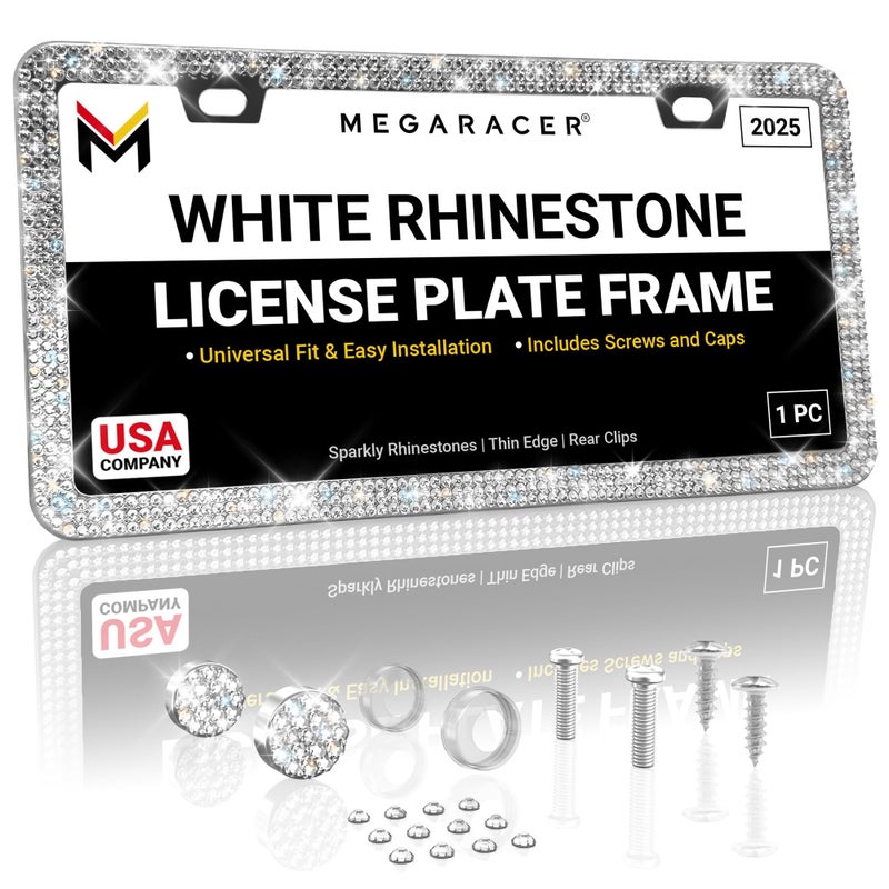 Mega Racer Sparkly Bling License Plate Frame for Women - 1 Piece, 800 Premium Rhinestones, Rust-Free Stainless Steel, Street Legal & Slim Design, Girly Bedazzled Diamond Car Tag Holder with Glitter Crystal Caps - Image 1