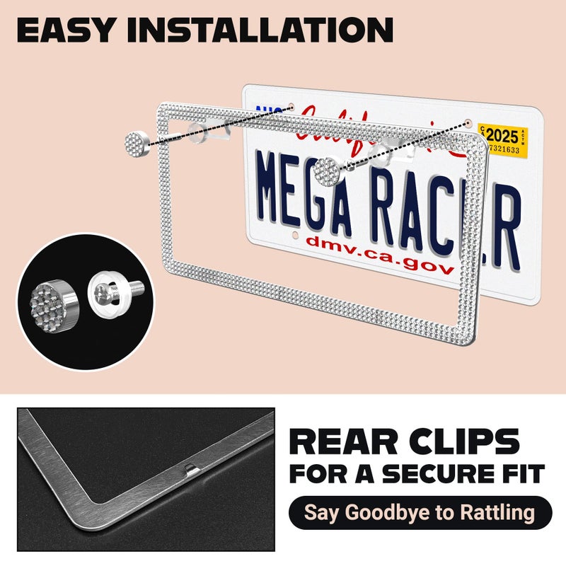 Mega Racer Sparkly Bling License Plate Frame for Women - 1 Piece, 800 Premium Rhinestones, Rust-Free Stainless Steel, Street Legal & Slim Design, Girly Bedazzled Diamond Car Tag Holder with Glitter Crystal Caps - Image 5