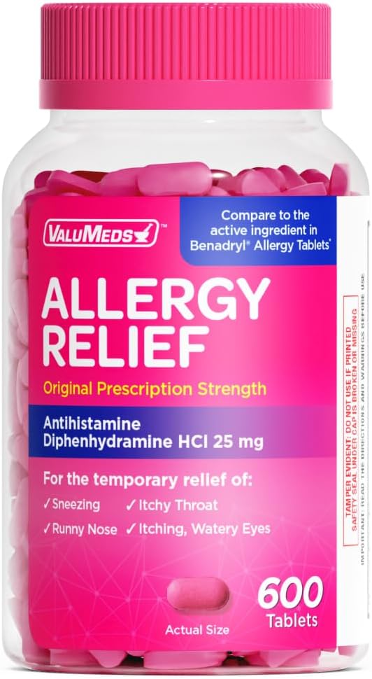 ValuMeds Allergy Medicine Antihistamine Diphenhydramine HCl 25 mg  Children and Adults  Relieve Itchy Eyes Runny Nose Sneezing 25 mg 600 - Image 1