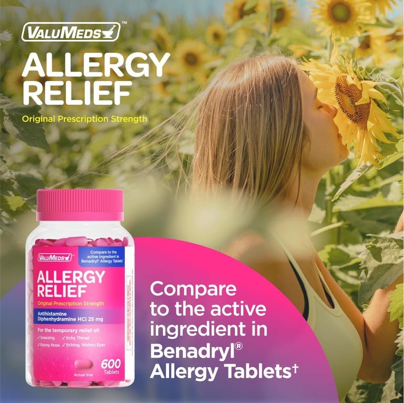 ValuMeds Allergy Medicine Antihistamine Diphenhydramine HCl 25 mg  Children and Adults  Relieve Itchy Eyes Runny Nose Sneezing 25 mg 600 - Image 2