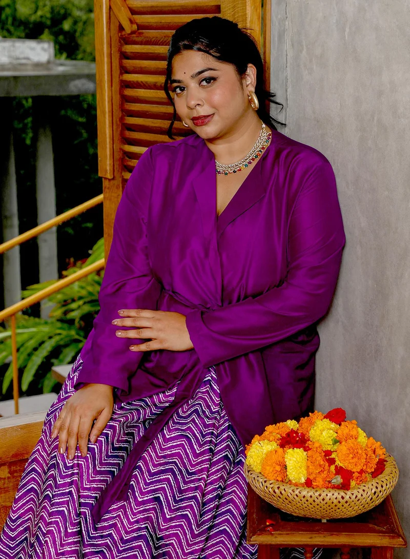 Instafab Plus Instafab Plus Women's Amethyst Purple Chevron-Wrap Co-Ord Set For Ethnic Wear | Lapel Collar, Long Regular Sleeves | Solid Plain Fabric | 2 Piece Co-Ords For Evening & Party Wear
