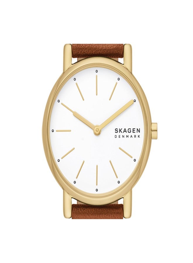 Skagen Women's Signatur Lille Two-Hand Gold-Tone Stainless Steel and Brown Leather Band Watch (Model: SKW3121) - Image 4