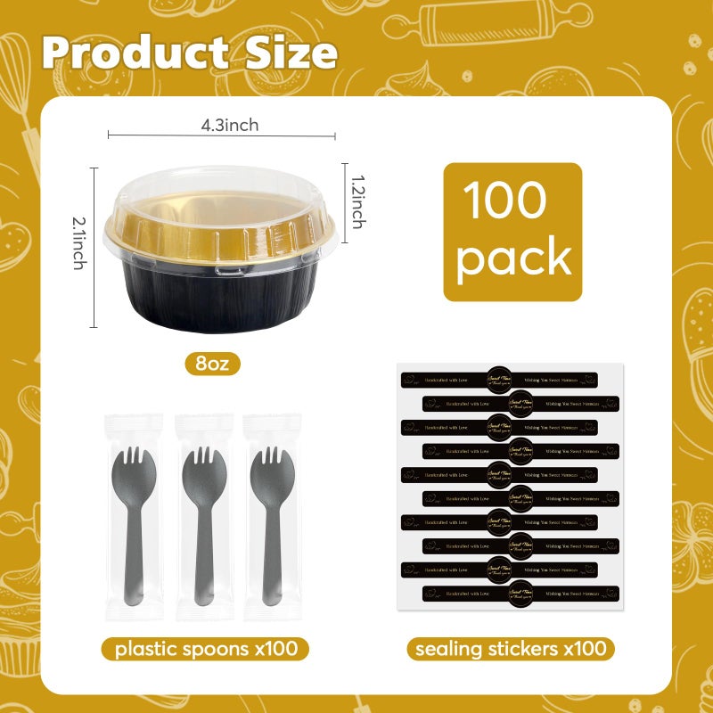 Ruckae 100 PCS 8oz Round Mini Baking Cups with Lids,Mini Loaf Pans with Lids,Disposable Aluminum Foil Ramekins Baking Cups for Birthday Party Weddings (Black Gold, 8oz) - Image 2