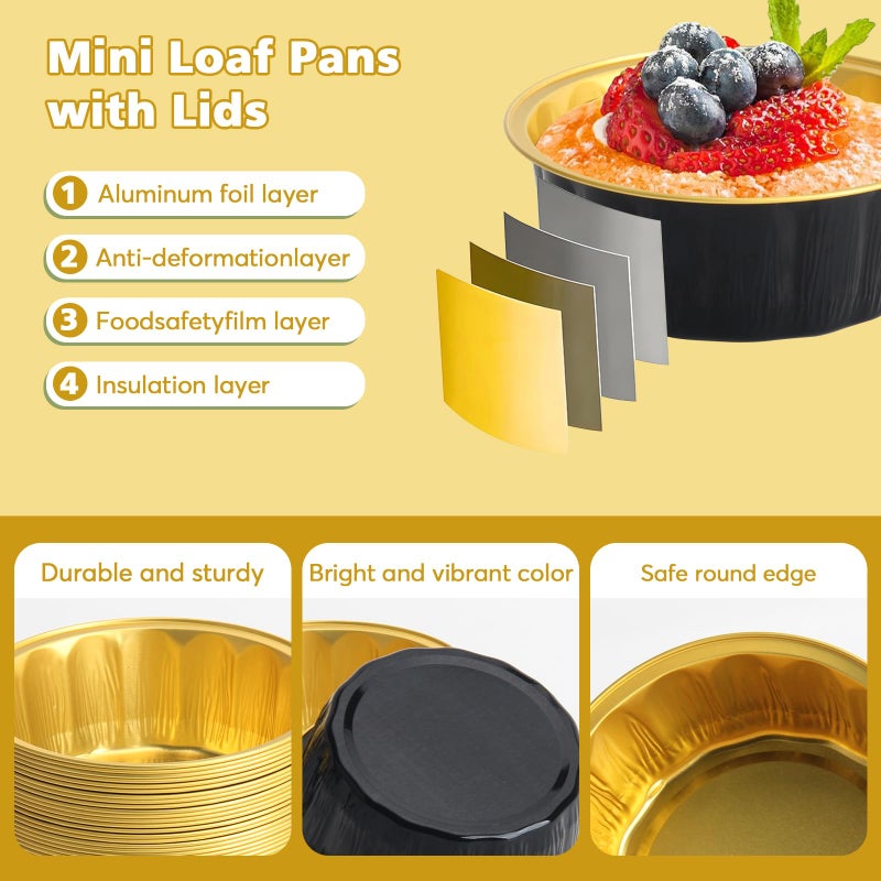 Ruckae 100 PCS 8oz Round Mini Baking Cups with Lids,Mini Loaf Pans with Lids,Disposable Aluminum Foil Ramekins Baking Cups for Birthday Party Weddings (Black Gold, 8oz) - Image 3