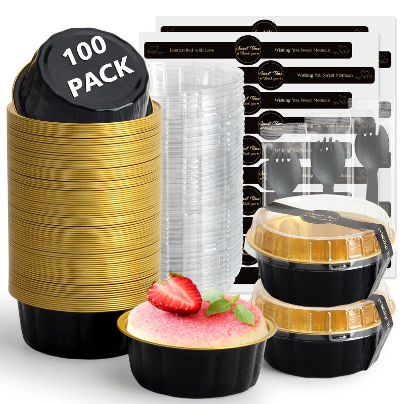 Ruckae 100 PCS 8oz Round Mini Baking Cups with Lids,Mini Loaf Pans with Lids,Disposable Aluminum Foil Ramekins Baking Cups for Birthday Party Weddings (Black Gold, 8oz) - Image 1