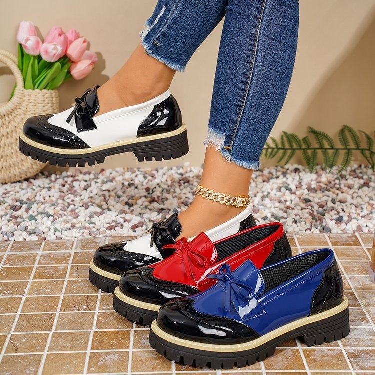 Color-Blocked Thick-Soled Loafers, 2026 Style, British Style With Bow Decoration, Fashionable Single Shoes - Image 2