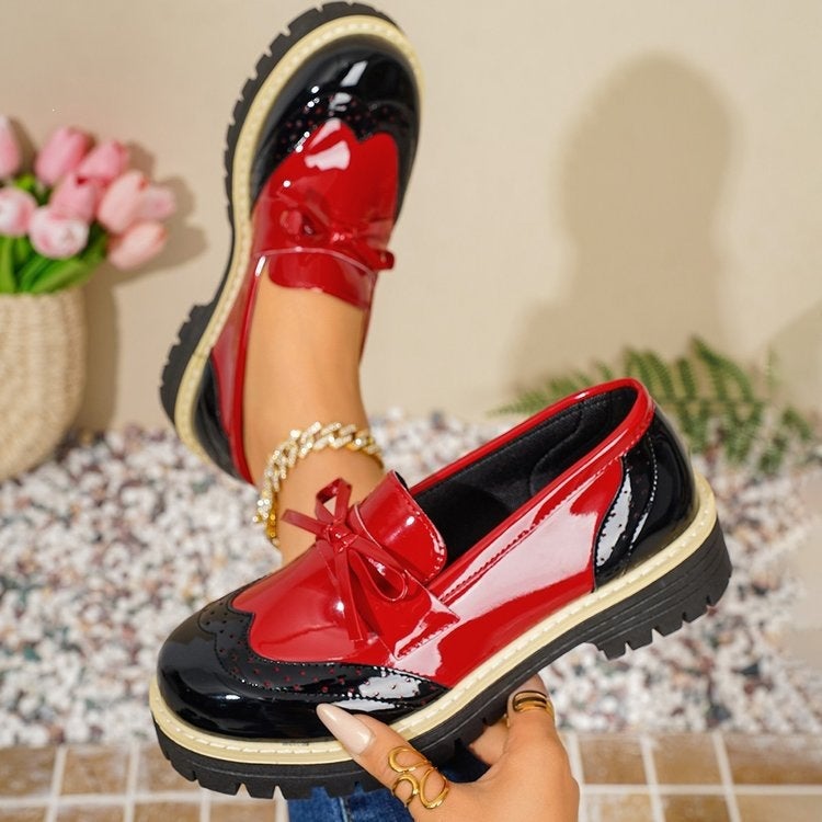 Color-Blocked Thick-Soled Loafers, 2026 Style, British Style With Bow Decoration, Fashionable Single Shoes - Image 4