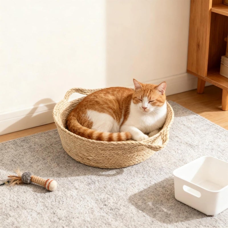 Small Straw Woven Cat Bed, 13.8 X 5.1 in, Cozy Rattan Wicker Basket Design for Cats Up to 7 Lbs, with Handles for All Seasons - Image 3