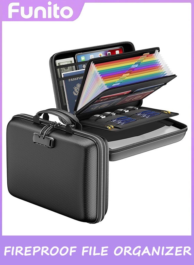 Funito Fireproof File Organizer with Lock, Hard-Shell Case Fireproof Document Box with 13 Pocket Accordion File Folder, Portable Home Office Travel Safe Storage for Important Documents Laptop Black - Image 1