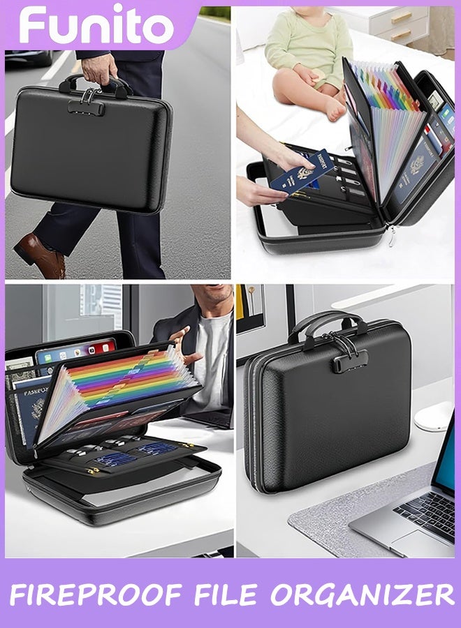 Funito Fireproof File Organizer with Lock, Hard-Shell Case Fireproof Document Box with 13 Pocket Accordion File Folder, Portable Home Office Travel Safe Storage for Important Documents Laptop Black - Image 2