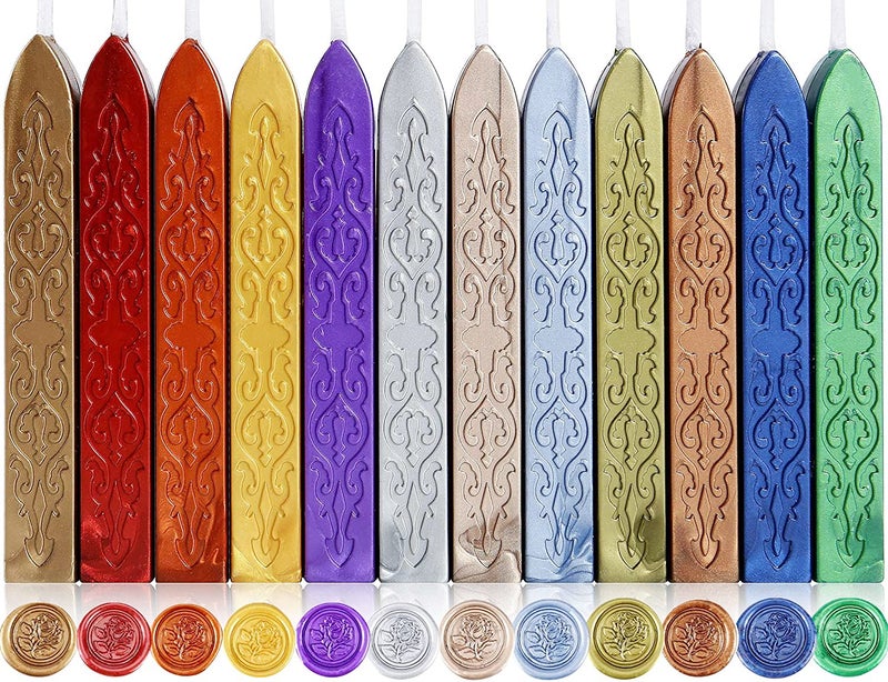 Yoption 12 Color Sealing Wax Sticks with Wicks Antique Metallic Totem Fire Manuscript Seal Wax for Wax Seal Stamp 12 Metallic Colors