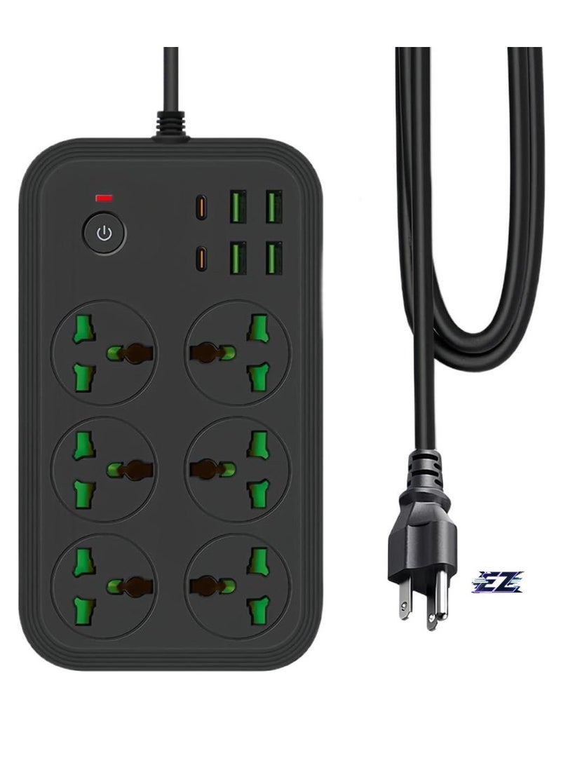 ELTRAZONE 12-in-1 Power Strip with USB-C – Universal Extension Cord, 6 AC Outlets, 4 USB Ports, 110-240V, Max 3000W, Wall Mountable International Plug Extender for Overseas Travel & Work (Black) – Surge Protection, Fast Charging & Compact Design  - Image 1