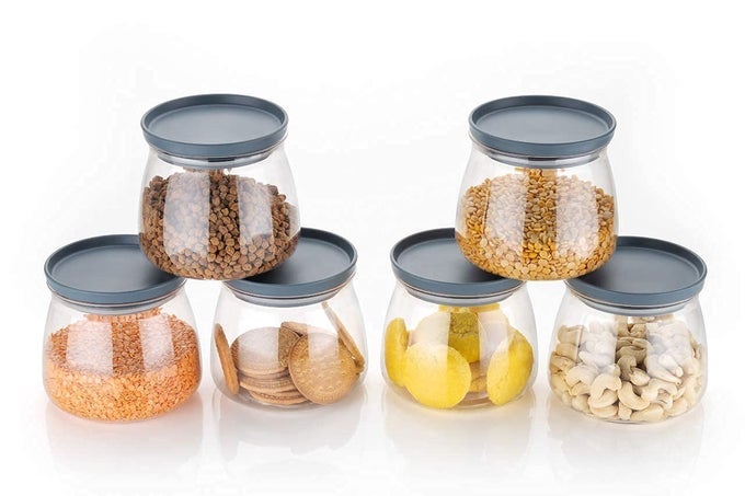 PLASTIC MATKA CONTAINERS FOR KITCHEN STORAGE UNBREAKABLE AIRTIGHT 800ML SET OF 6PCS GREY COLOR