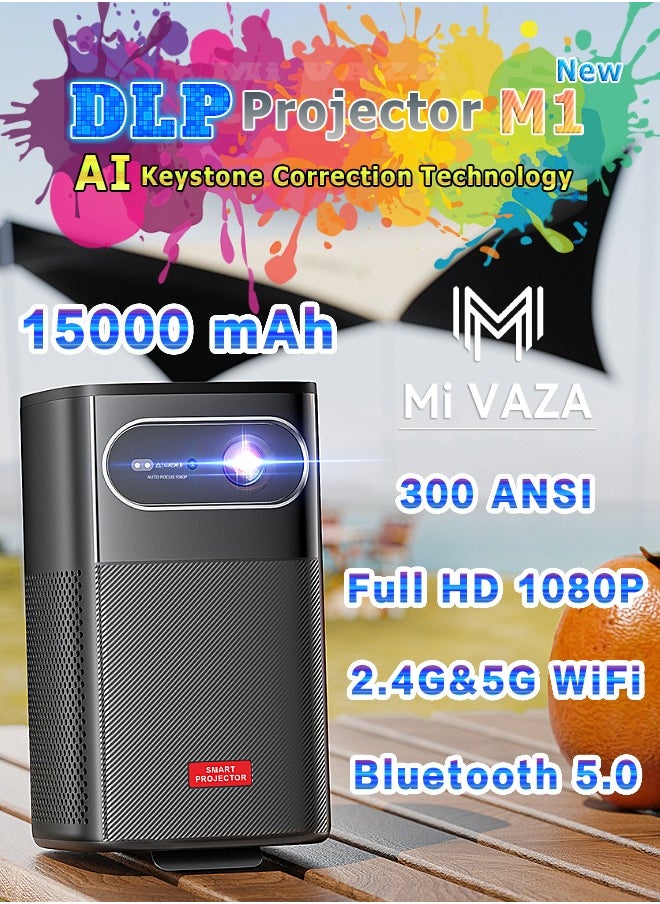 Mi VAZA DLP Projector M1 - Built-in 15000 mAh Battery - Support 120 Inches - New AI Keystone Correction - Full HD 1080P - Smart Projector with Wifi and Bluetooth - Portable Mobile Home Theater - Compatible with Android and iOS 