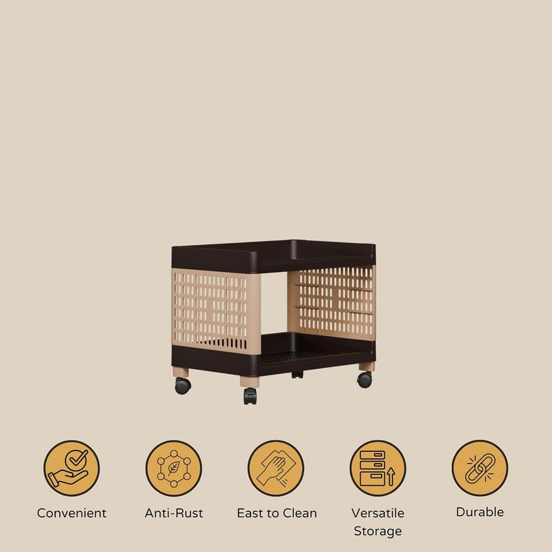 Foroly Plastic Multipurpose Utility Rack Rack for Storage Storage Organizer Rack Plastic Trolley with Wheels Brown 2 Layer - Image 2