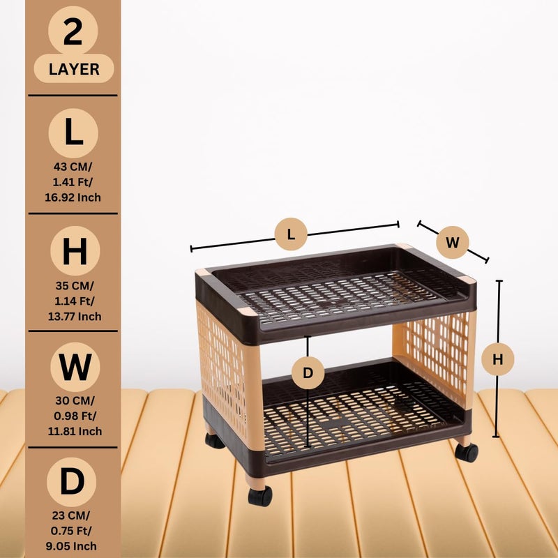 Foroly Plastic Multipurpose Utility Rack Rack for Storage Storage Organizer Rack Plastic Trolley with Wheels Brown 2 Layer - Image 3