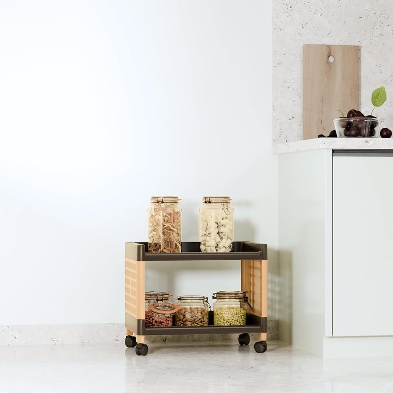 Foroly Plastic Multipurpose Utility Rack Rack for Storage Storage Organizer Rack Plastic Trolley with Wheels Brown 2 Layer - Image 1