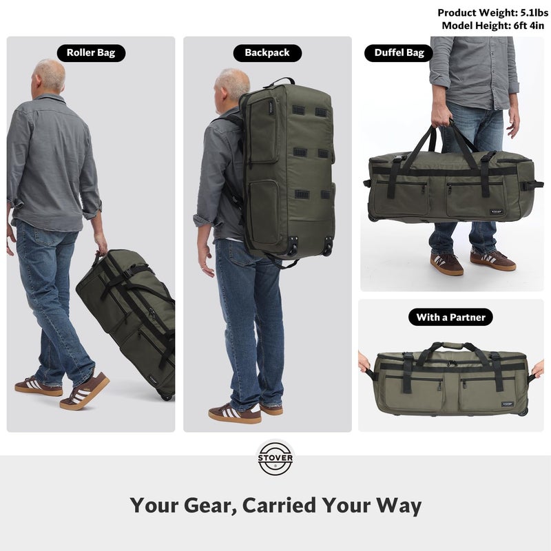 STOVER 100L U-Zip Rolling Duffel Bag with Wheels, X-Large Durable Travel Duffle + Toiletry Bag, Heavy Duty, Lay-Flat Opening, Packable w/Shoulder Straps- Use as Luggage or Backpack, Men/Women (Green) - Image 3