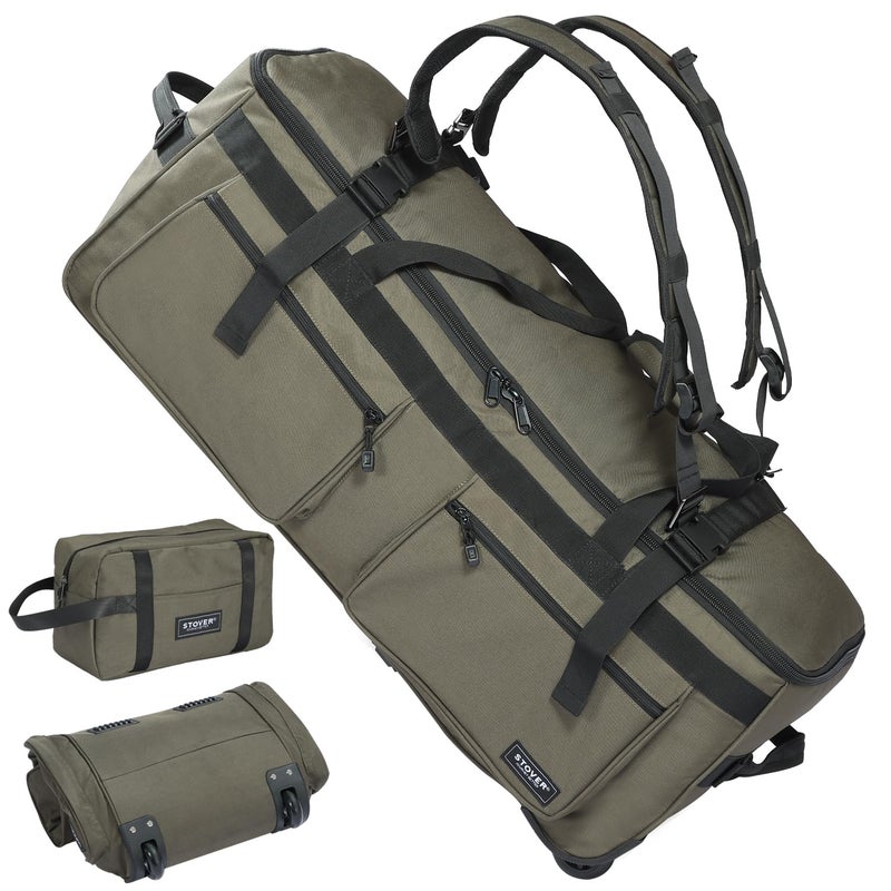 STOVER 100L U-Zip Rolling Duffel Bag with Wheels, X-Large Durable Travel Duffle + Toiletry Bag, Heavy Duty, Lay-Flat Opening, Packable w/Shoulder Straps- Use as Luggage or Backpack, Men/Women (Green) - Image 1