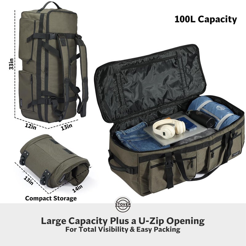 STOVER 100L U-Zip Rolling Duffel Bag with Wheels, X-Large Durable Travel Duffle + Toiletry Bag, Heavy Duty, Lay-Flat Opening, Packable w/Shoulder Straps- Use as Luggage or Backpack, Men/Women (Green) - Image 2
