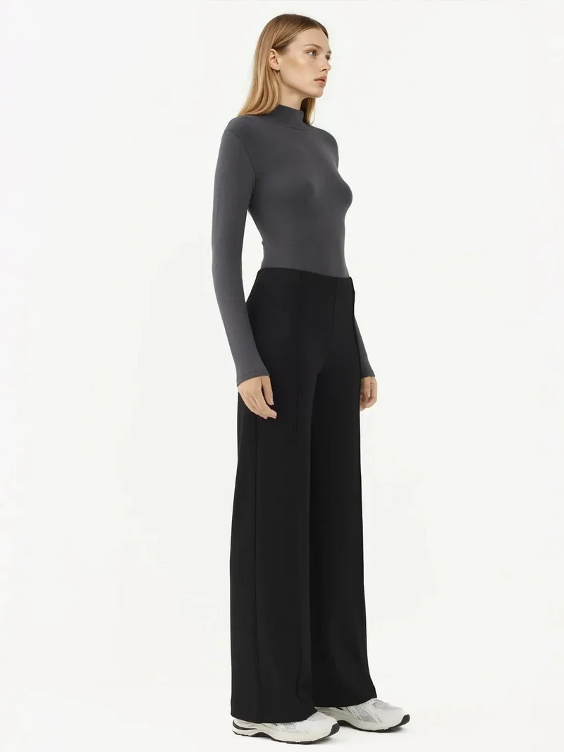 HICCUP Black Modal Touch Rib Detailed Wide Leg Pants for Women | Best Price UAE