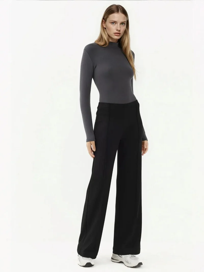 HICCUP Black Modal Touch Rib Detailed Wide Leg Pants for Women | Best Price UAE