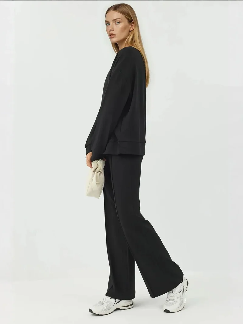 HICCUP Black Modal Touch Rib Detailed Wide Leg Pants for Women | Best Price UAE